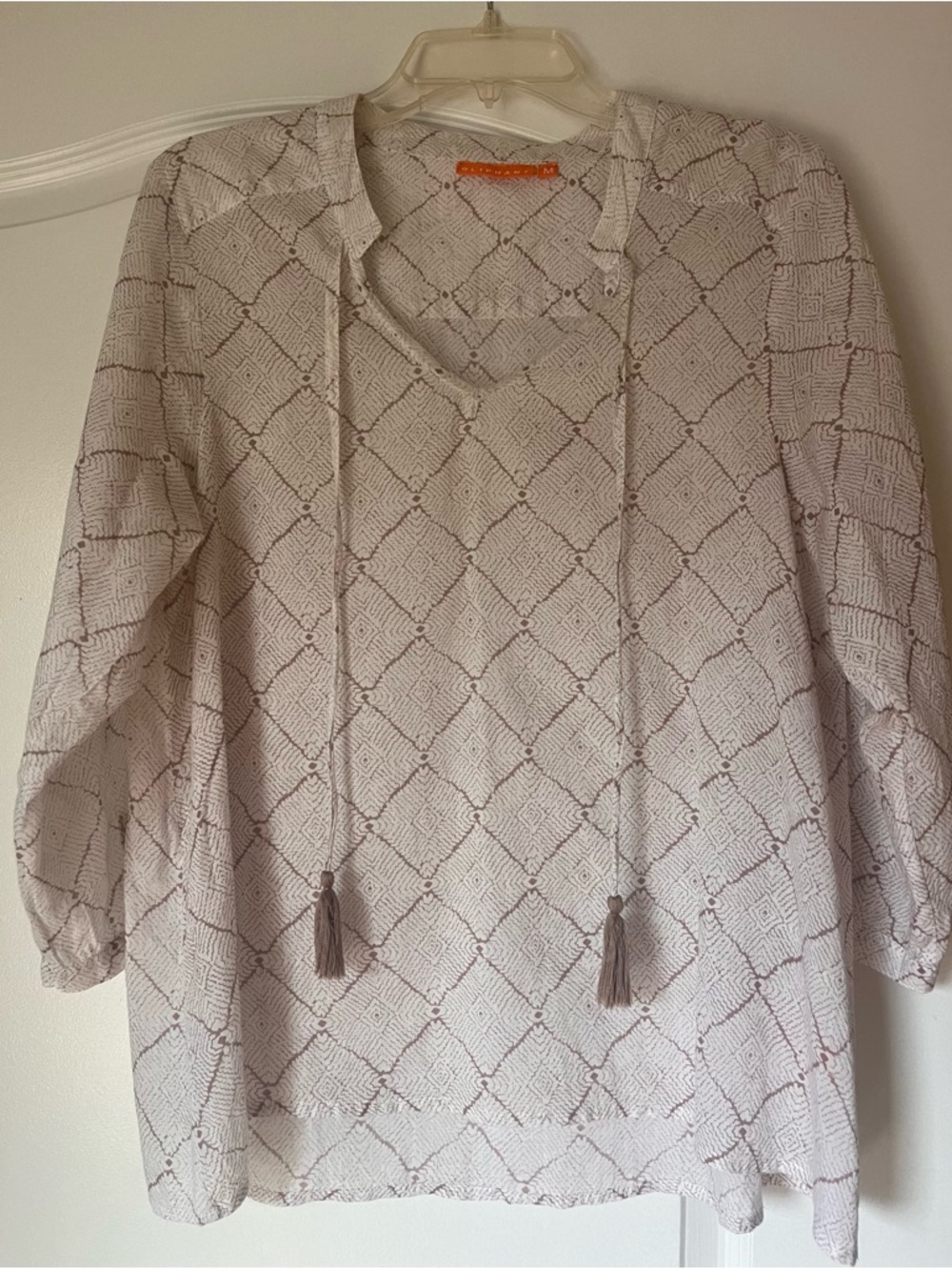Oliphant Cream Blouse with Taupe Geometric Lattice